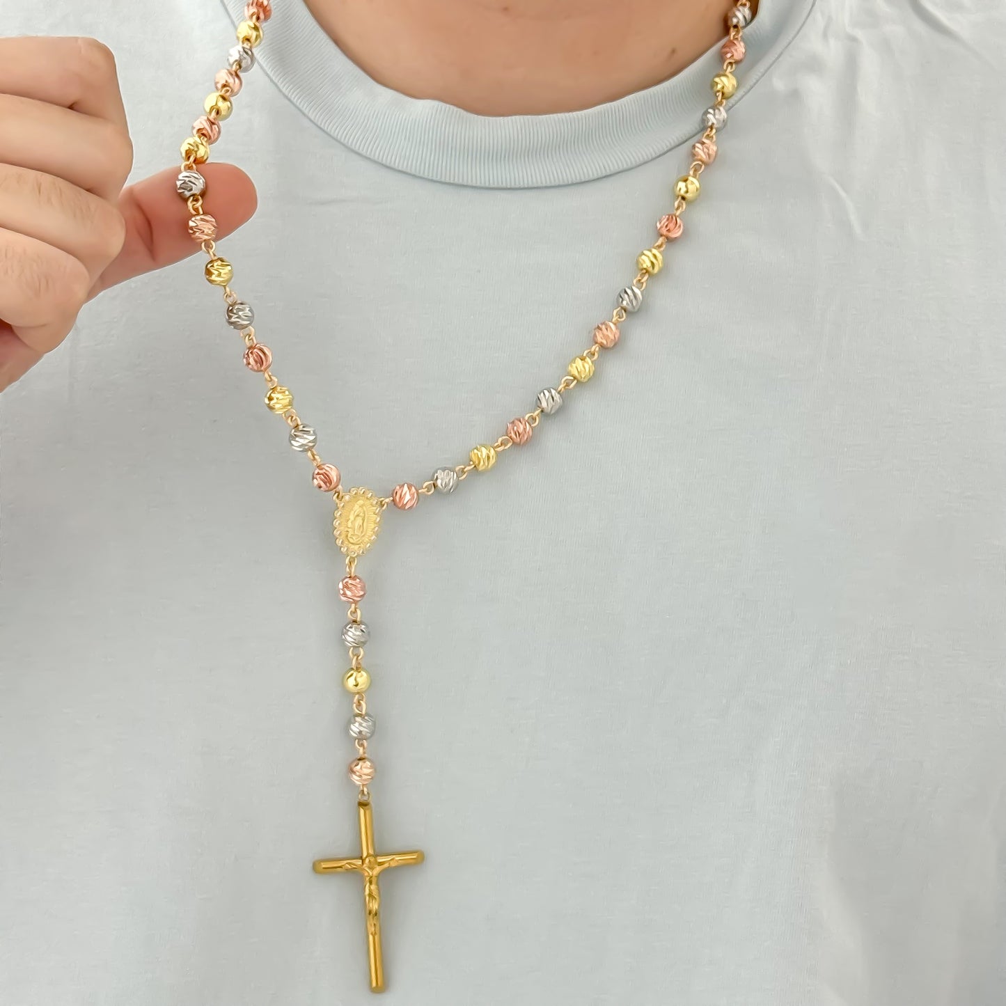 CAMANDULA VIRGEN DE GUADALUPE PARA CABALLERO EN BALIN ITALIANO 6MM DE 3 OROS  EN ORO LAMINADO 18K