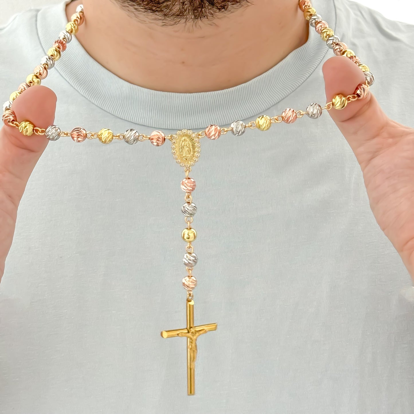 CAMANDULA VIRGEN DE GUADALUPE PARA CABALLERO EN BALIN ITALIANO 6MM DE 3 OROS  EN ORO LAMINADO 18K