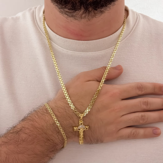 Cadena Tejido Chino de Hombre de 60cm de 4mm + Cruz Cristo Madero  con Micro Circones + Pulseras Chino de 20cm de 4mm en Oro Laminado 18k con  Garantia de por vida