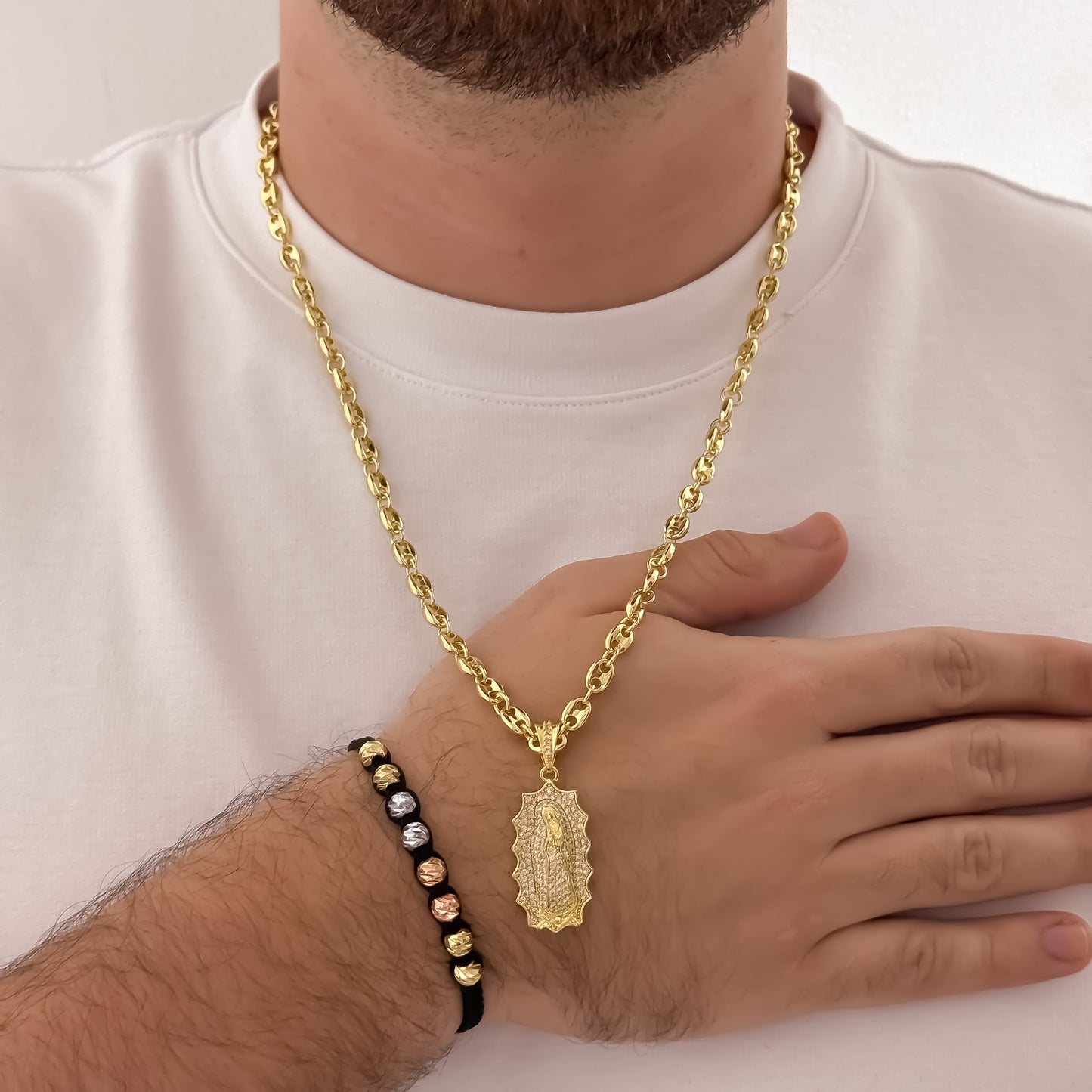Cadena Tejido Gucci de Hombre de 60cm de 5mm + Virgen de Guadalupe Talla Micro Circones + Pulseras de 3 Oros en Balin Italiano en Oro  Laminado 18k con Garantia de por vida