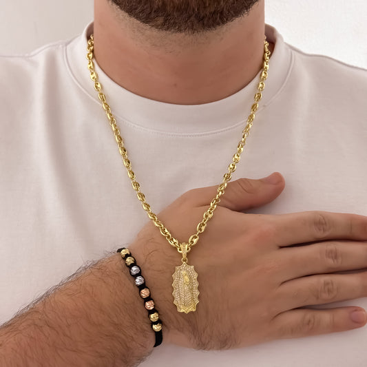 Cadena Tejido Gucci de Hombre de 60cm de 5mm + Virgen de Guadalupe Talla Micro Circones + Pulseras de 3 Oros en Balin Italiano en Oro  Laminado 18k con Garantia de por vida