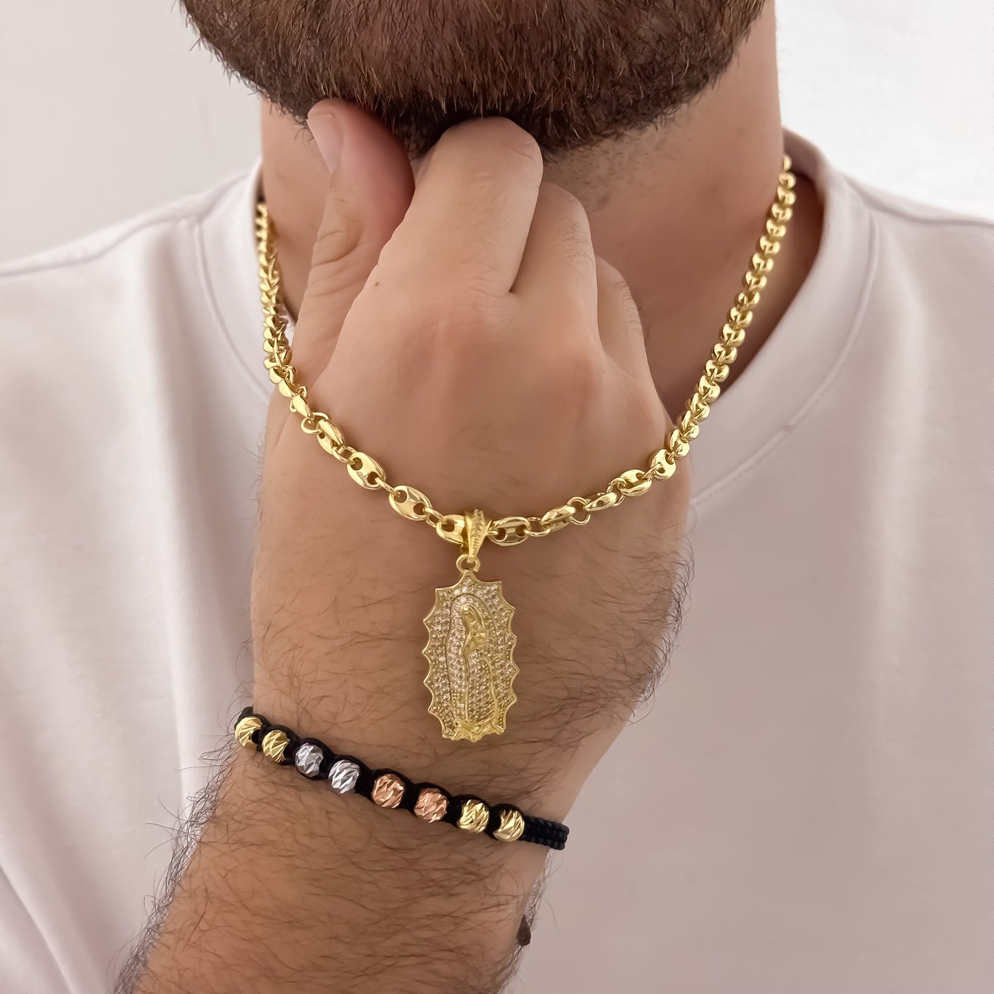 Cadena Tejido Gucci de Hombre de 60cm de 5mm + Virgen de Guadalupe Talla Micro Circones + Pulseras de 3 Oros en Balin Italiano en Oro  Laminado 18k con Garantia de por vida
