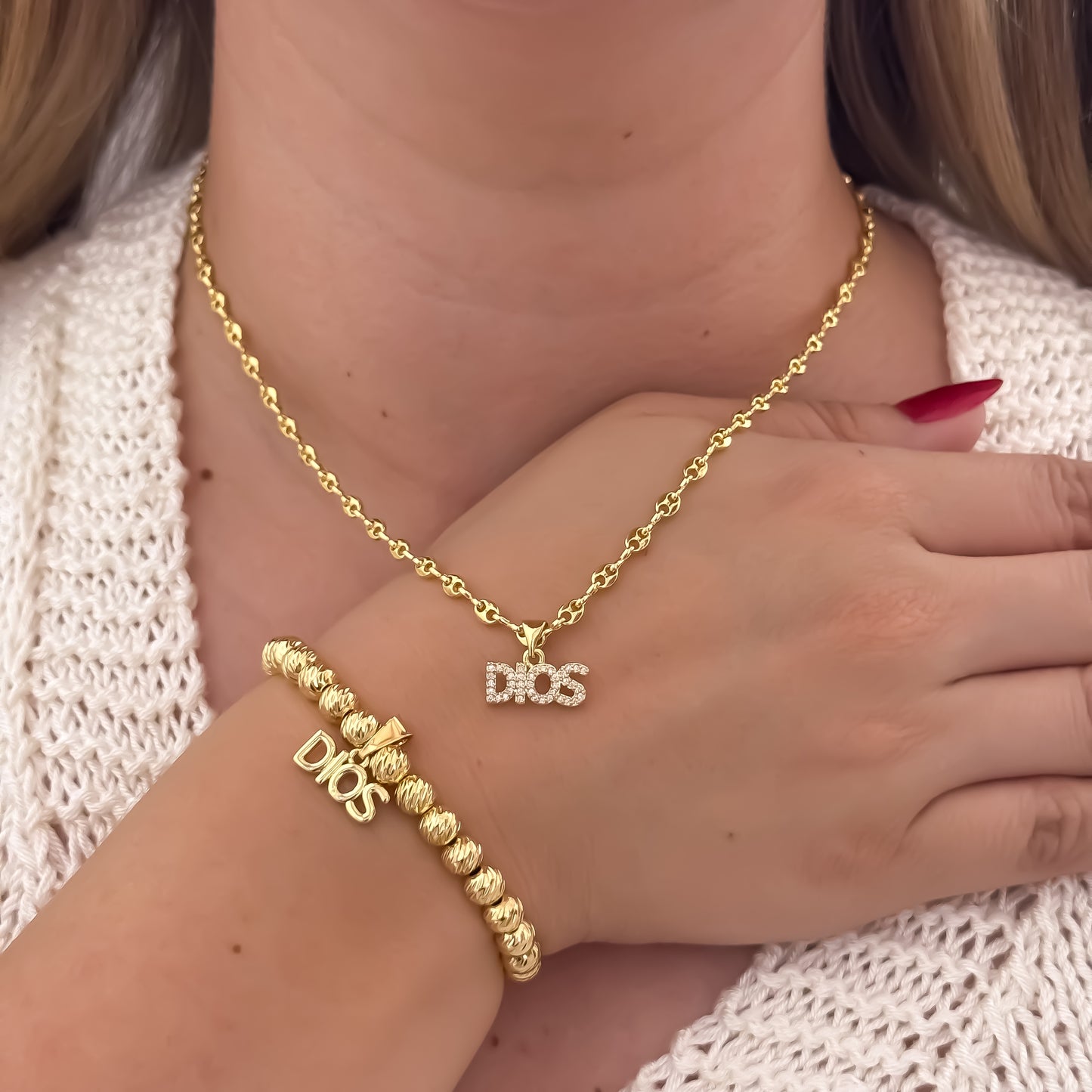 Cadena Tejido Gucci de Dama de 45cm de 3mm + Dije de Dios + Pulsera Balin Italiano con Dije de Dios en Oro Laminado 18k con Garantía de por vida