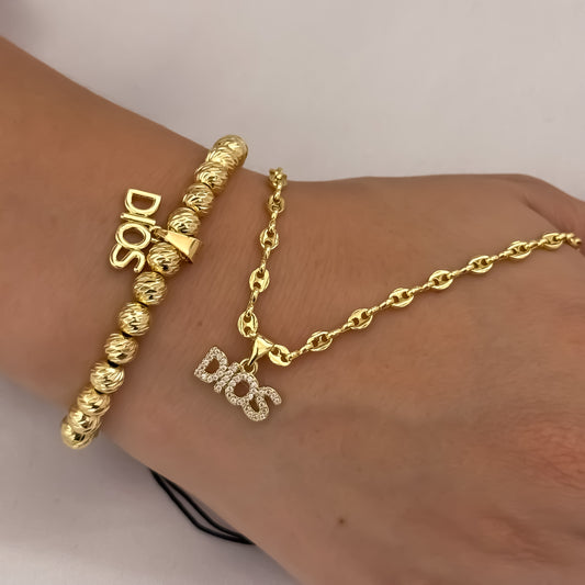 Cadena Tejido Gucci de Dama de 45cm de 3mm + Dije de Dios + Pulsera Balin Italiano con Dije de Dios en Oro Laminado 18k con Garantía de por vida