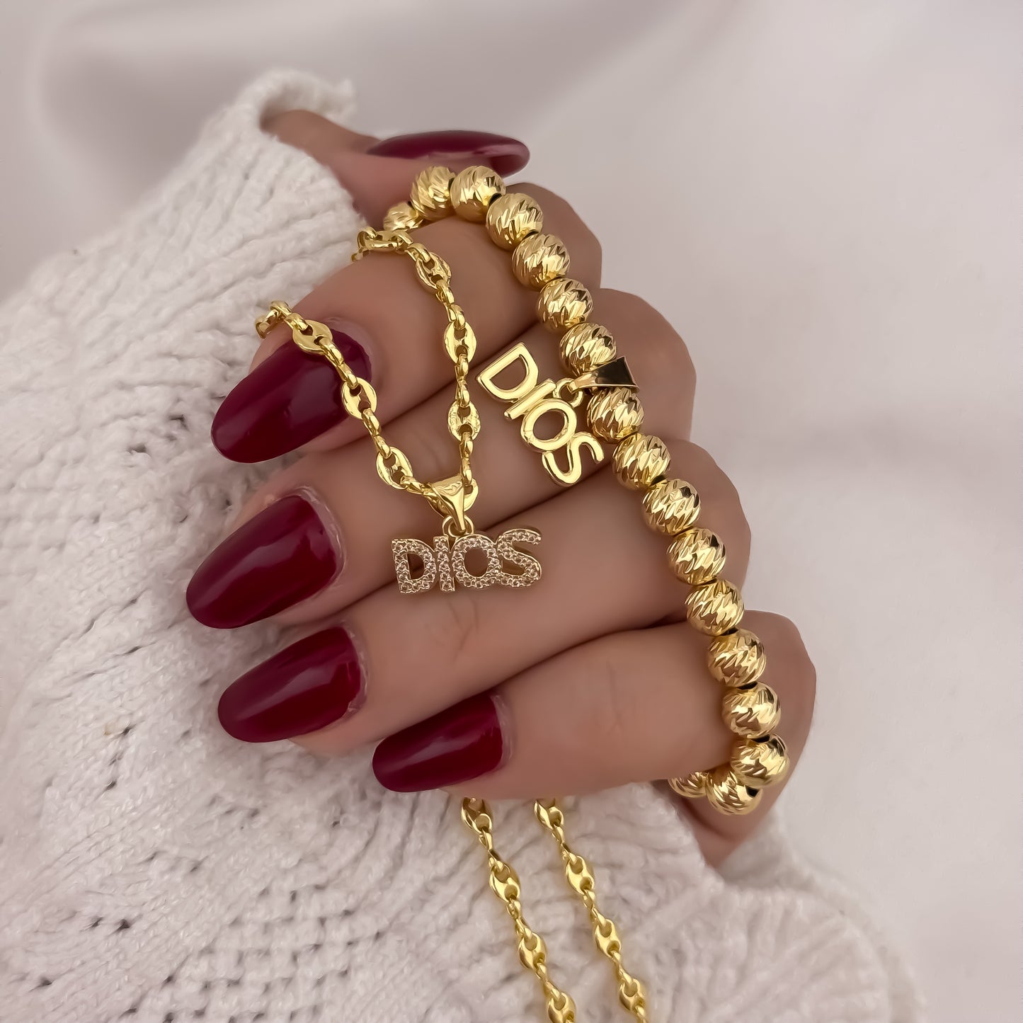 Cadena Tejido Gucci de Dama de 45cm de 3mm + Dije de Dios + Pulsera Balin Italiano con Dije de Dios en Oro Laminado 18k con Garantía de por vida