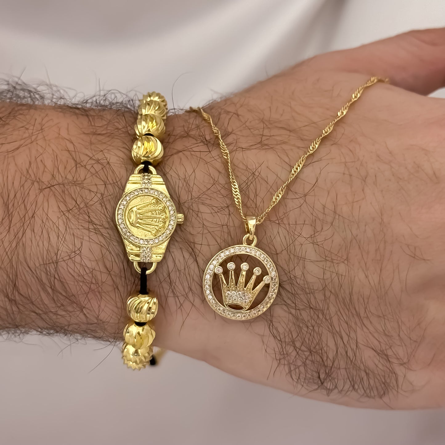 Cadena Lazo Delgado de 60cm de 2mm + Corona Rolex con Micro Circones Cristales + Pulseras balin Italiano de 8mm en Oro Laminado 18k con Garantia de por vida