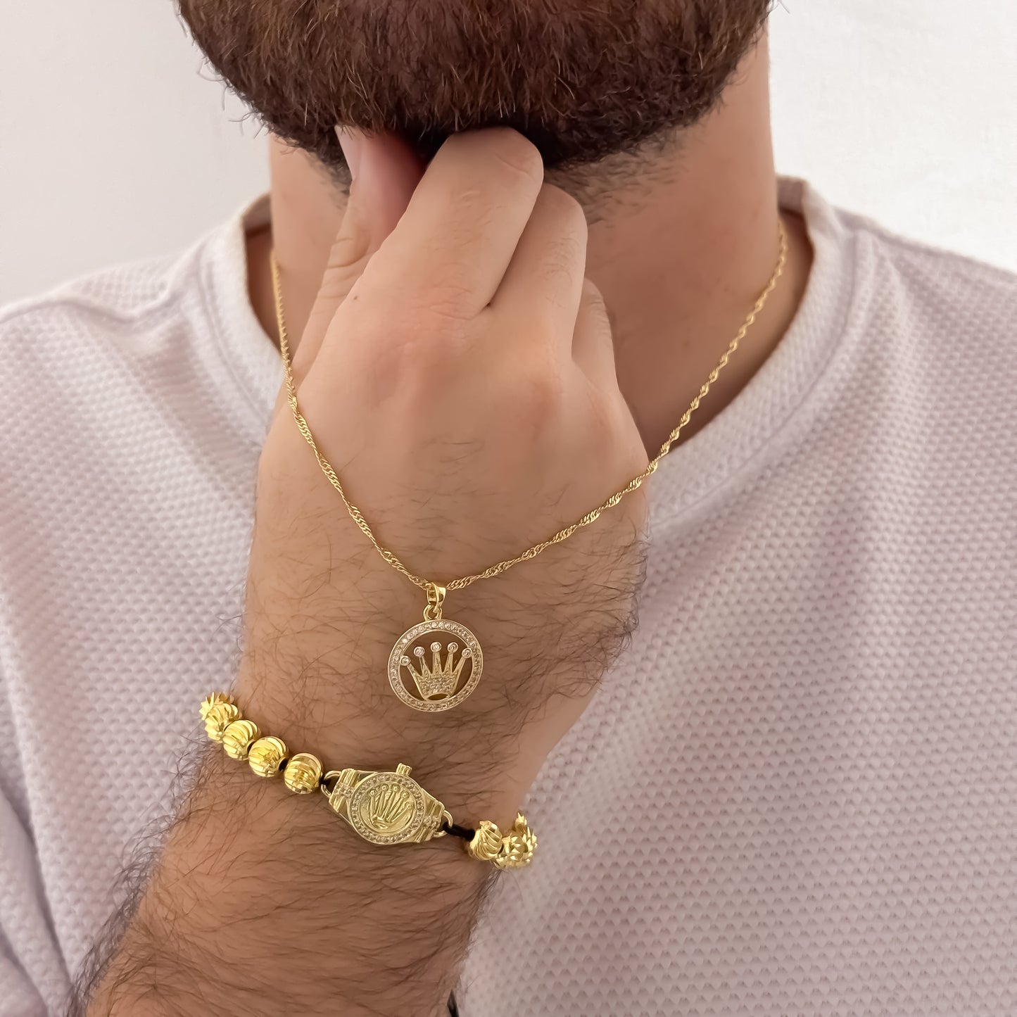 Cadena Lazo Delgado de 60cm de 2mm + Corona Rolex con Micro Circones Cristales + Pulseras balin Italiano de 8mm en Oro Laminado 18k con Garantia de por vida