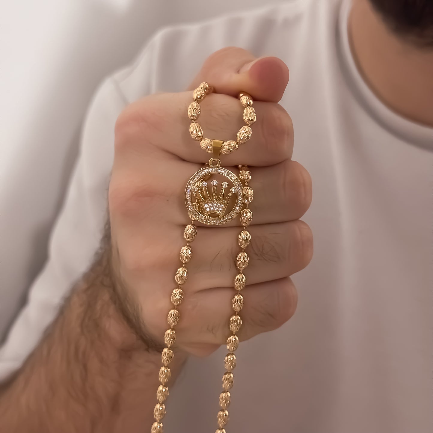Cadena Tejido Grano de Cafe Diamantado  de 60cm de 4mm + Corona Rolex con Micro Circones Cristales en Oro Laminado 18k con Garantia de por vida