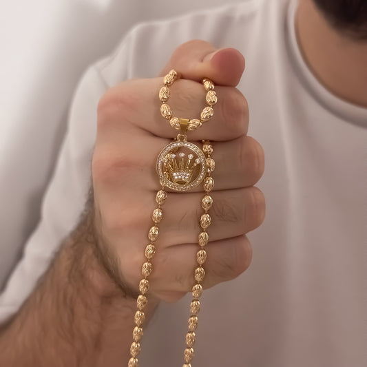 Cadena Tejido Grano de Cafe Diamantado  de 60cm de 4mm + Corona Rolex con Micro Circones Cristales en Oro Laminado 18k con Garantia de por vida