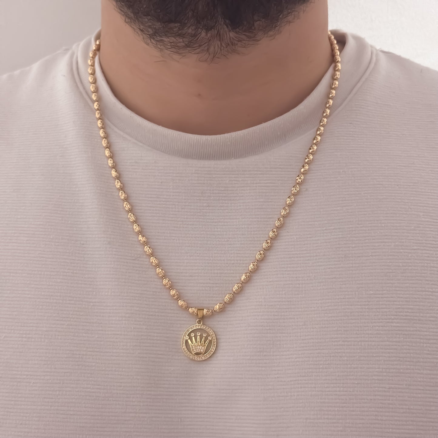 Cadena Tejido Grano de Cafe Diamantado  de 60cm de 4mm + Corona Rolex con Micro Circones Cristales en Oro Laminado 18k con Garantia de por vida