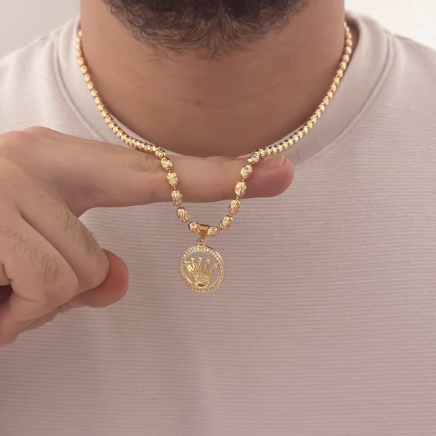 Cadena Tejido Grano de Cafe Diamantado  de 60cm de 4mm + Corona Rolex con Micro Circones Cristales en Oro Laminado 18k con Garantia de por vida