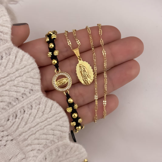 Cadena Tejido Crispeta de Dama de 45cm + Virgen de Guadalupe Tallada + Pulsera Tejida Guadalupe Protección en Oro Laminado 18k con Garantia de por vida