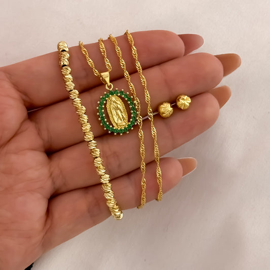 Cadena Singapur de Dama de 45cm + Virgen de Guadalupe + Topo Diamantado + Pulsera Diamantada en Oro Laminado 18k  con Garantia de por vida