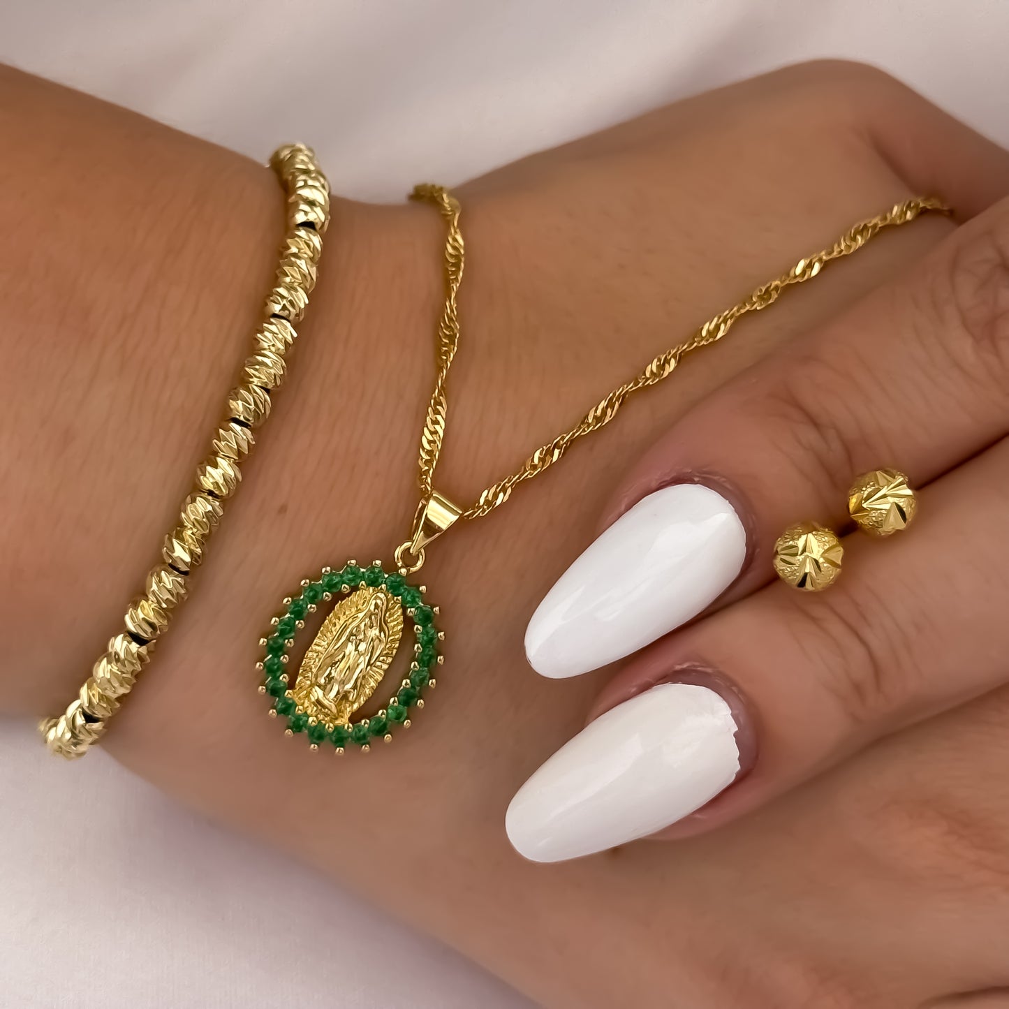 Cadena Singapur de Dama de 45cm + Virgen de Guadalupe + Topo Diamantado + Pulsera Diamantada en Oro Laminado 18k  con Garantia de por vida