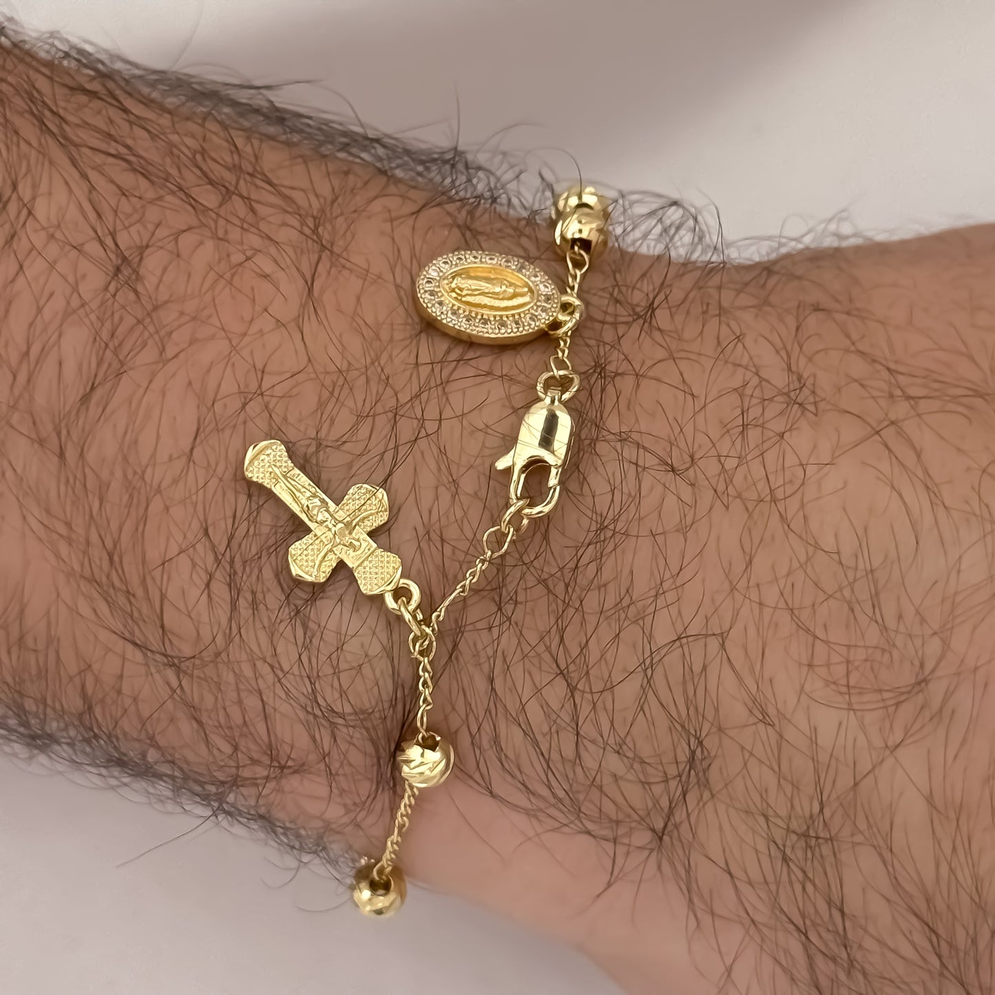 Denario en Balin Diamantado 6mm  de virgen Guadalupe + Cruz Cristo en Oro Laminado 18k con Garantia de por vida