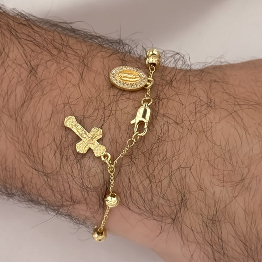 Denario en Balin Diamantado 6mm  de virgen Guadalupe + Cruz Cristo en Oro Laminado 18k con Garantia de por vida