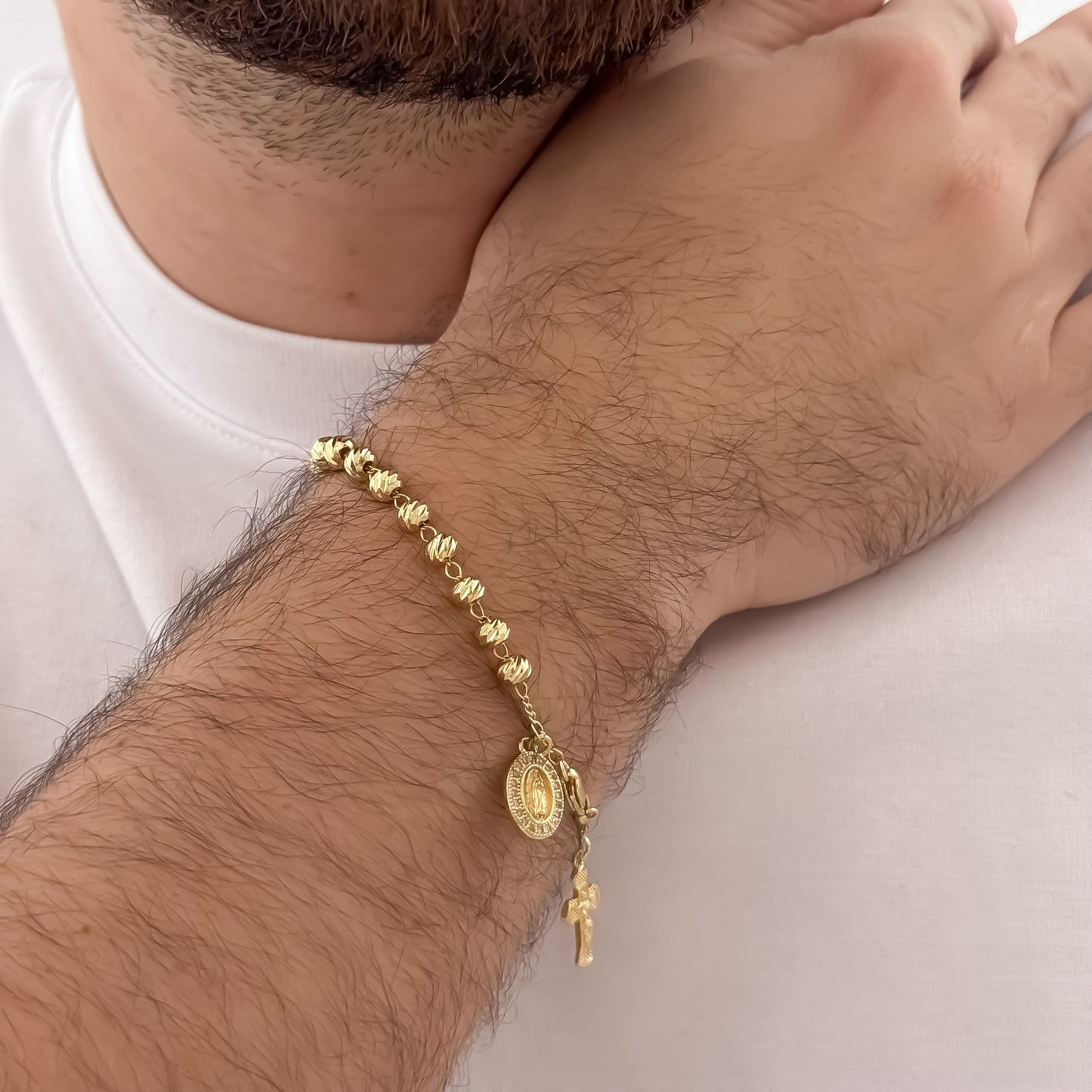 Denario en Balin Diamantado 6mm  de virgen Guadalupe + Cruz Cristo en Oro Laminado 18k con Garantia de por vida
