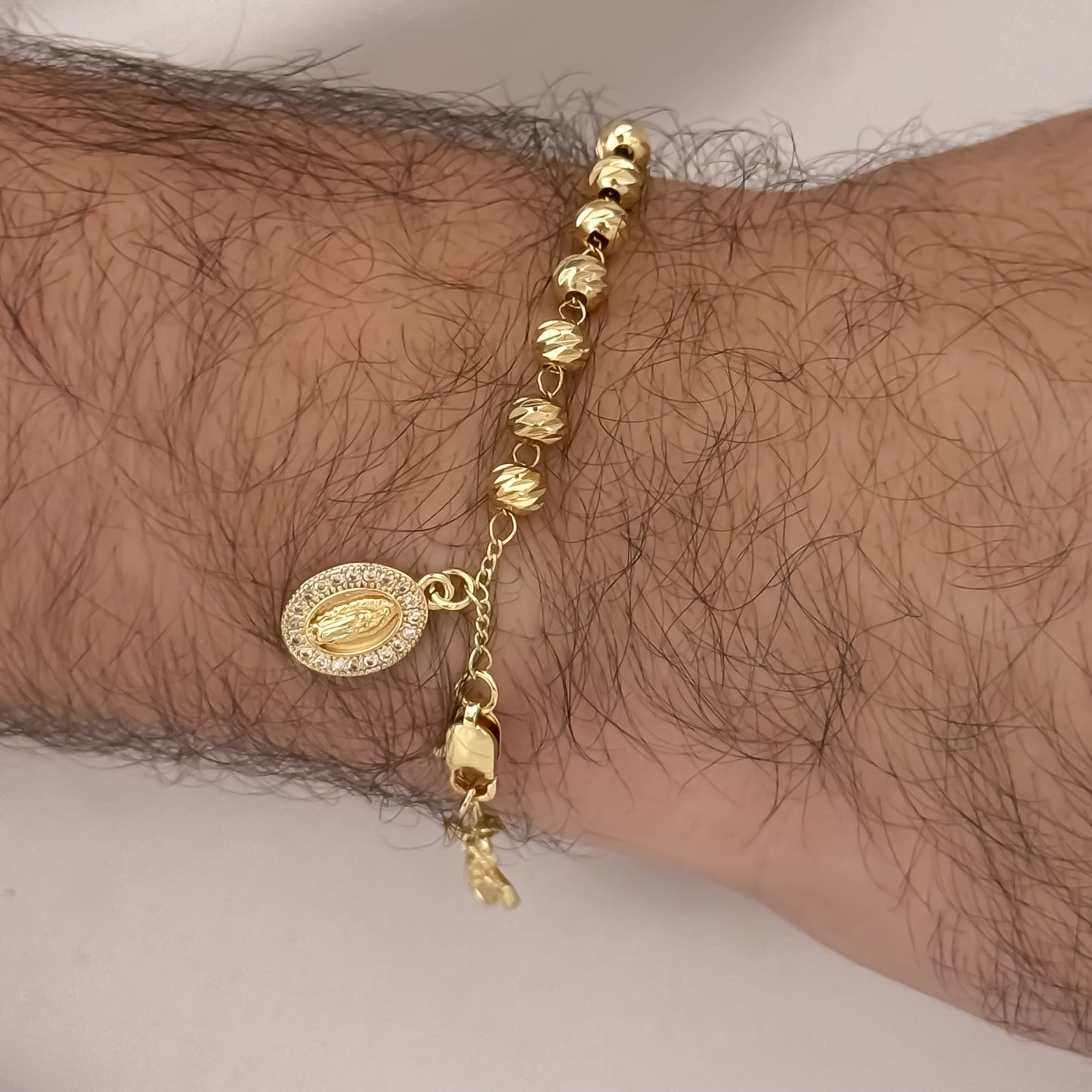 Denario en Balin Diamantado 6mm  de virgen Guadalupe + Cruz Cristo en Oro Laminado 18k con Garantia de por vida