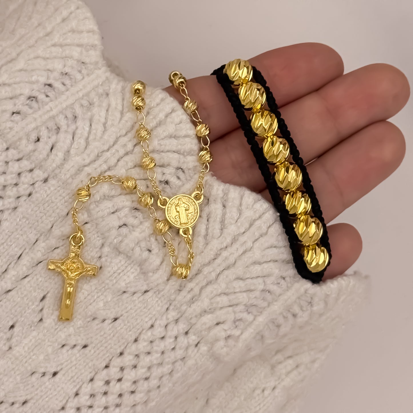 Camandula Diamantada de san Benito Protección  + Pulseras Diamantada de 6mm en Oro Laminado 18k con Garantia de por vida