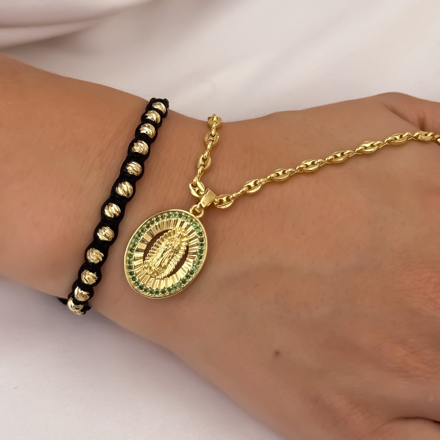 Cadena Tejido Gucci de Daam de 45cm de 3mm + Virgen de Guadalupe con Micro Circones Verde + Pulsera Tejida Balin Italiano de 4mm en Oro Laminado 18k con Garantia de por vida