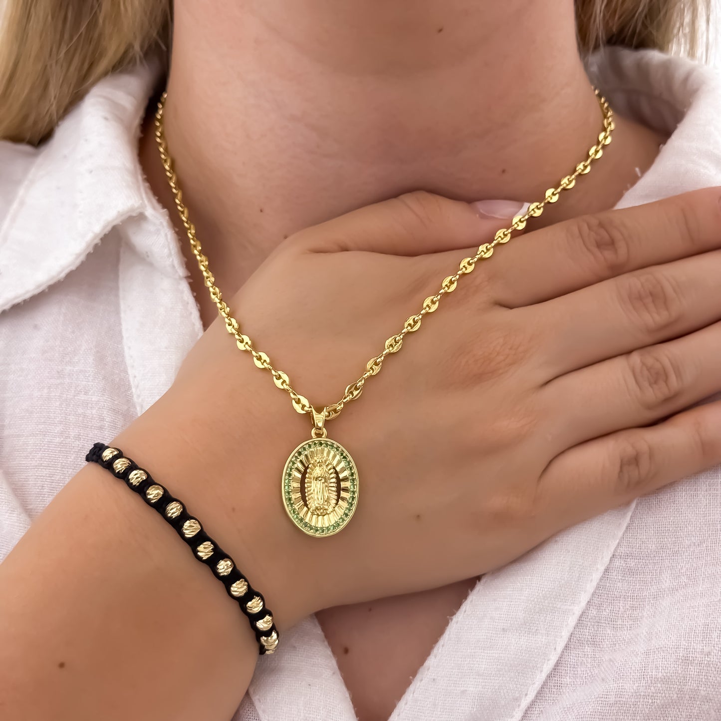 Cadena Tejido Gucci de Daam de 45cm de 3mm + Virgen de Guadalupe con Micro Circones Verde + Pulsera Tejida Balin Italiano de 4mm en Oro Laminado 18k con Garantia de por vida