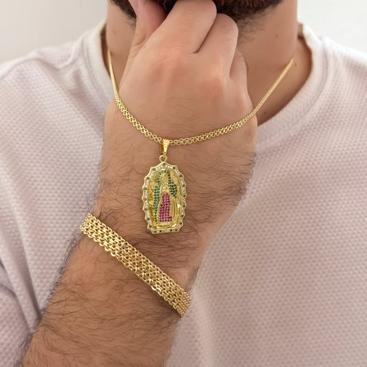 Conjunto Tejido Chino Hombre Cadena de 60cm de 3mm + Pulsera China Gruesa de 20cm de 8mm en Oro Laminado 18k con Garantía de por vida