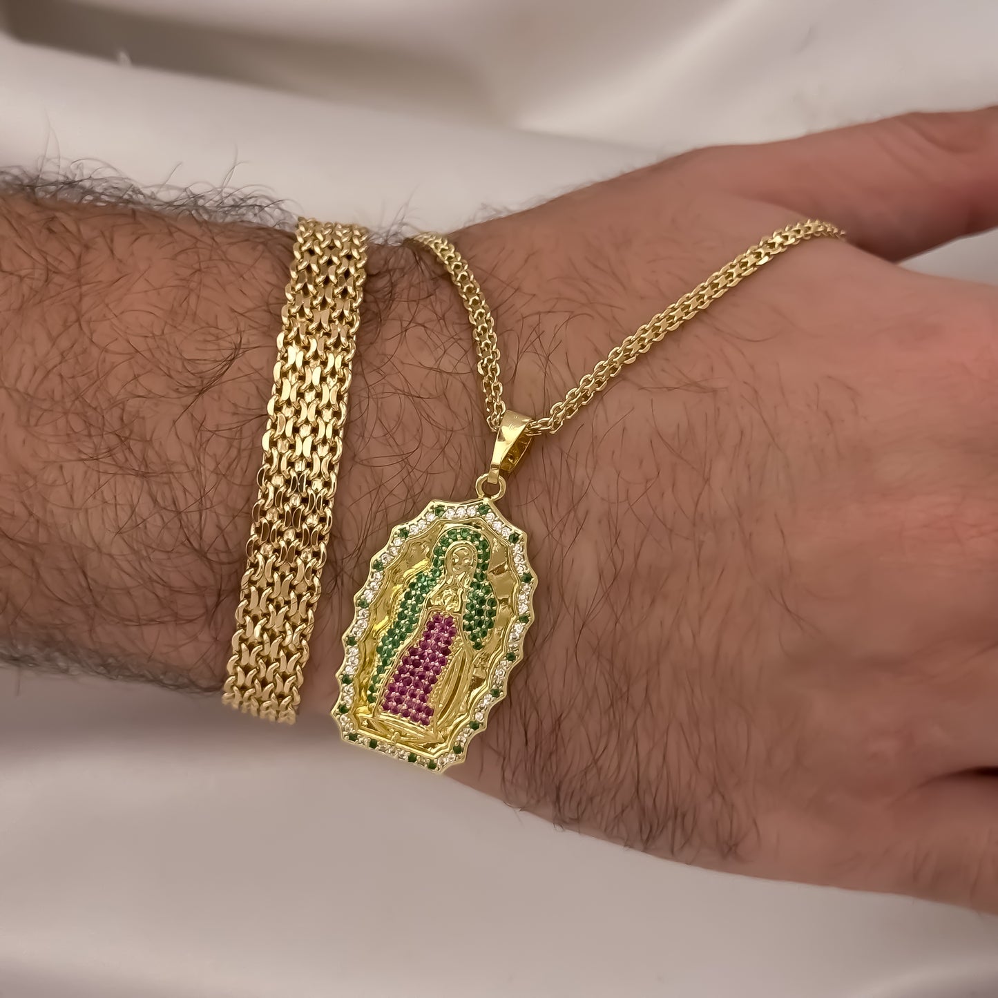Conjunto Tejido Chino Hombre Cadena de 60cm de 3mm + Pulsera China Gruesa de 20cm de 8mm en Oro Laminado 18k con Garantía de por vida