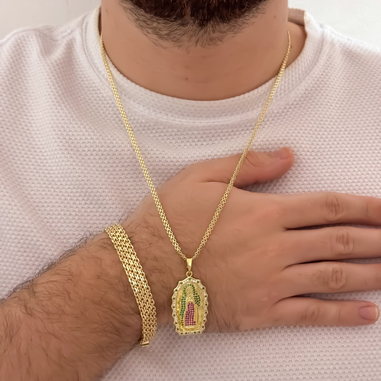 Conjunto Tejido Chino Hombre Cadena de 60cm de 3mm + Pulsera China Gruesa de 20cm de 8mm en Oro Laminado 18k con Garantía de por vida