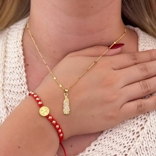 Cadena Tejido Cubana de Dama de 45cm + Virgen de Guadalupe Tallada + Pulsera San Benito en Oro Laminado 18k con Garantia de por vida