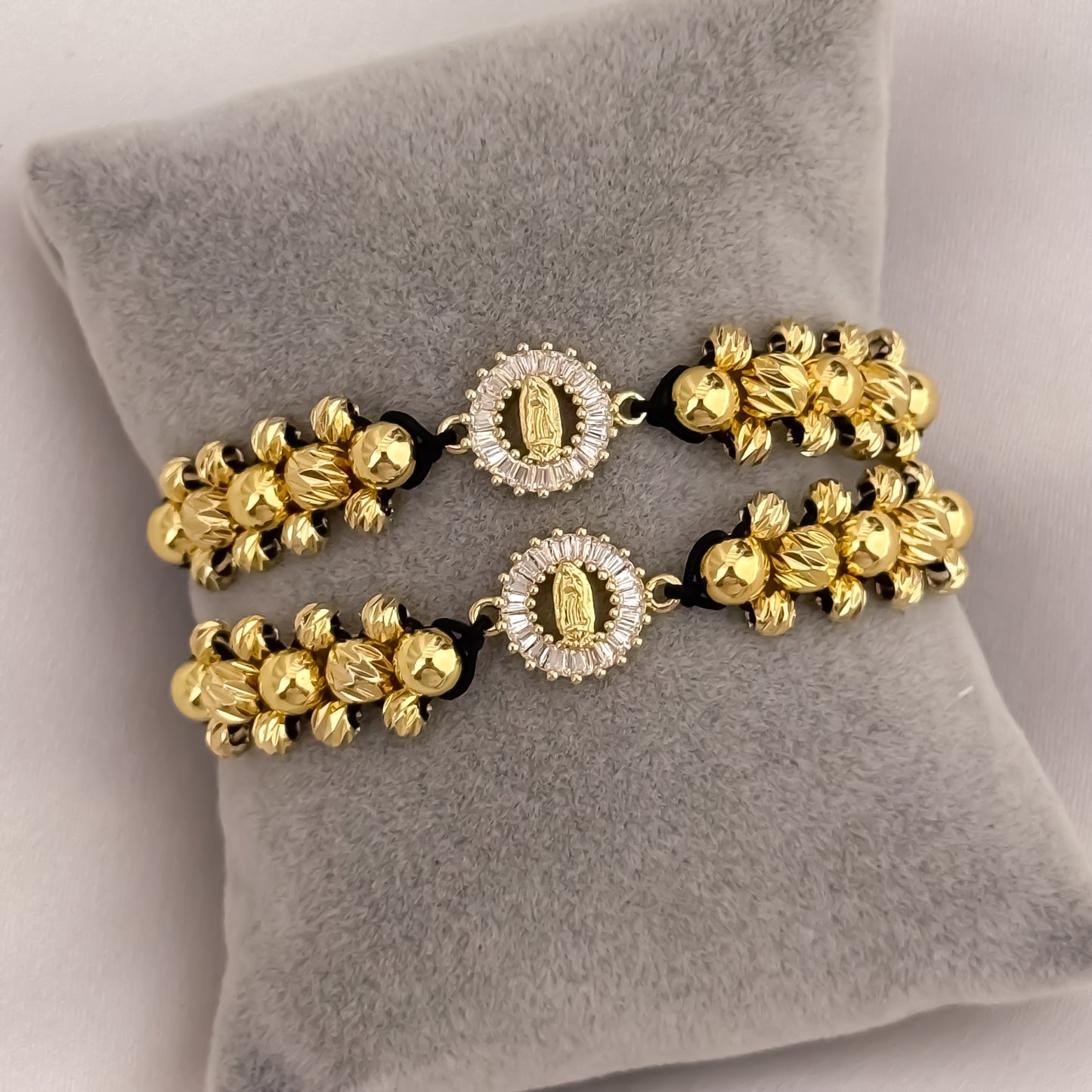 Promoción de 2 Pulseras para Parejas en Balin Italiano de 5mm en Oro  Amarillo con Medalla protectora de Virgen de Guadalupe en Oro Laminado 18k con Garantía de por vida