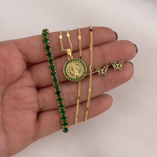 Juego de Cadena Cubana Delgada de 45cm + San Benito Proteccion + Topo Mariposa Verde + Pulsera Tennis verde en Oro Laminado 18k con Garantia de por vida