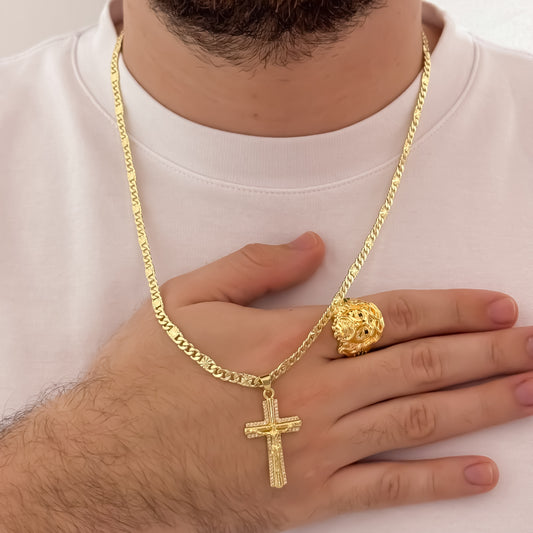 Cadena Tejido Escalera Plana de 60cm de 5mm + Cruz Cristo Madero + Anillo Rostro  de Jesús en Oro Laminado 18k con Garantía de por vida