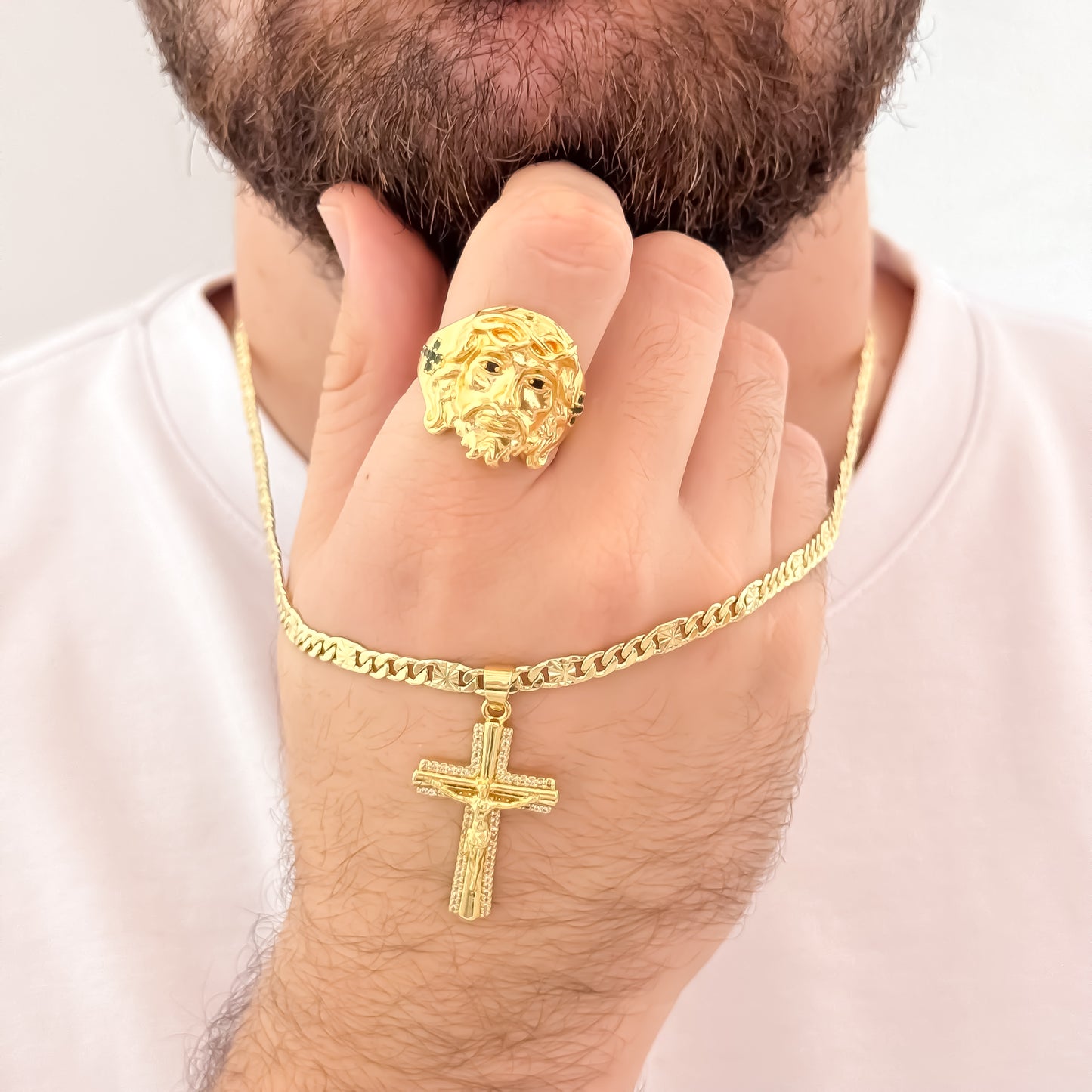 Cadena Tejido Escalera Plana de 60cm de 5mm + Cruz Cristo Madero + Anillo Rostro  de Jesús en Oro Laminado 18k con Garantía de por vida