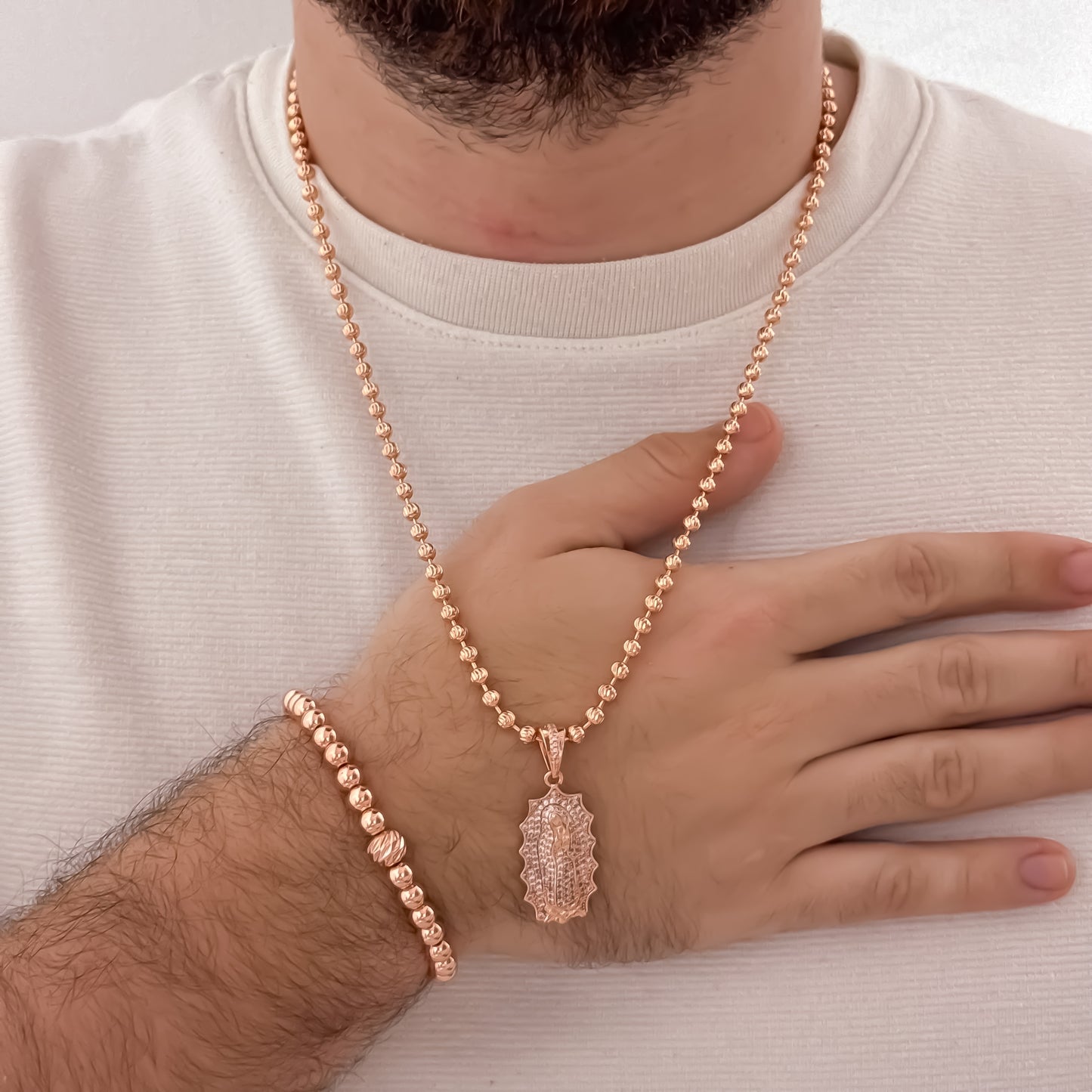 Cadena Tejido Militar Diamantada en Oro Rosa de 60cm de 4mm + Virgen de Guadalupe Tallada + Pulsera Full balines en Oro Rosa en Oro Laminado 18k con Garantia de por vida