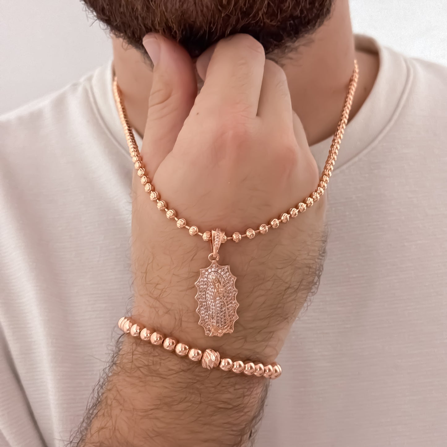 Cadena Tejido Militar Diamantada en Oro Rosa de 60cm de 4mm + Virgen de Guadalupe Tallada + Pulsera Full balines en Oro Rosa en Oro Laminado 18k con Garantia de por vida