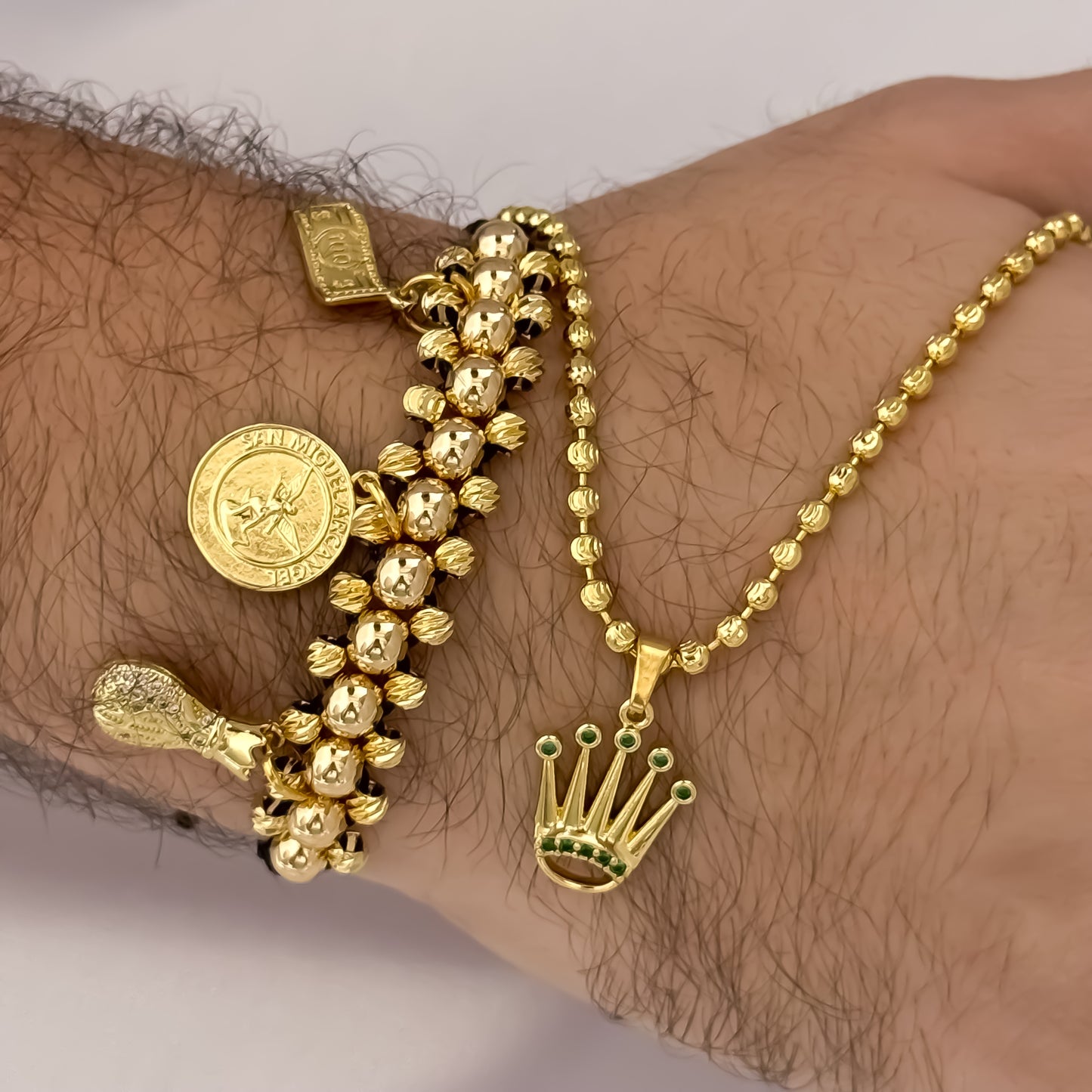 Cadena Tejido Militar Diamantada de 60cm de 4mm + Corona Rolex Circones Verde + Pulsera Abundancia y DEVOCION 3 Carriles em Balin Diamantado en Oro Laminado 18k con Garantía de por vida