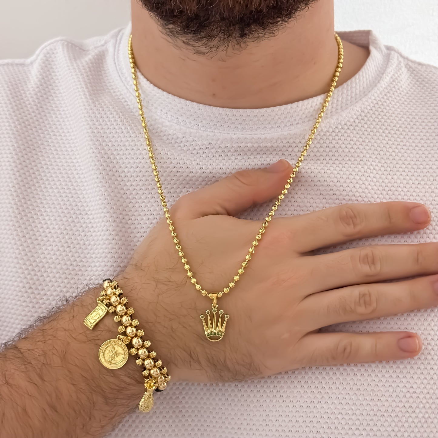 Cadena Tejido Militar Diamantada de 60cm de 4mm + Corona Rolex Circones Verde + Pulsera Abundancia y DEVOCION 3 Carriles em Balin Diamantado en Oro Laminado 18k con Garantía de por vida