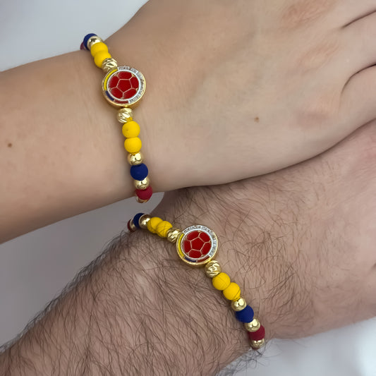 Pulseras Para Parejas ESCUDO de Selección Colombia en Balin Italiano de 6mm en Oro Laminado 18k con Garantia de por vida