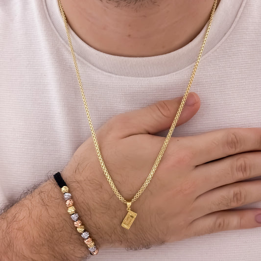 Cadena Tejido Chino Hombre 60cm de 3mm + Billete de Dolar + ´Pulseras de 3 Oros en Balin italiano en Oro laminado 18k con Garantia de por vida