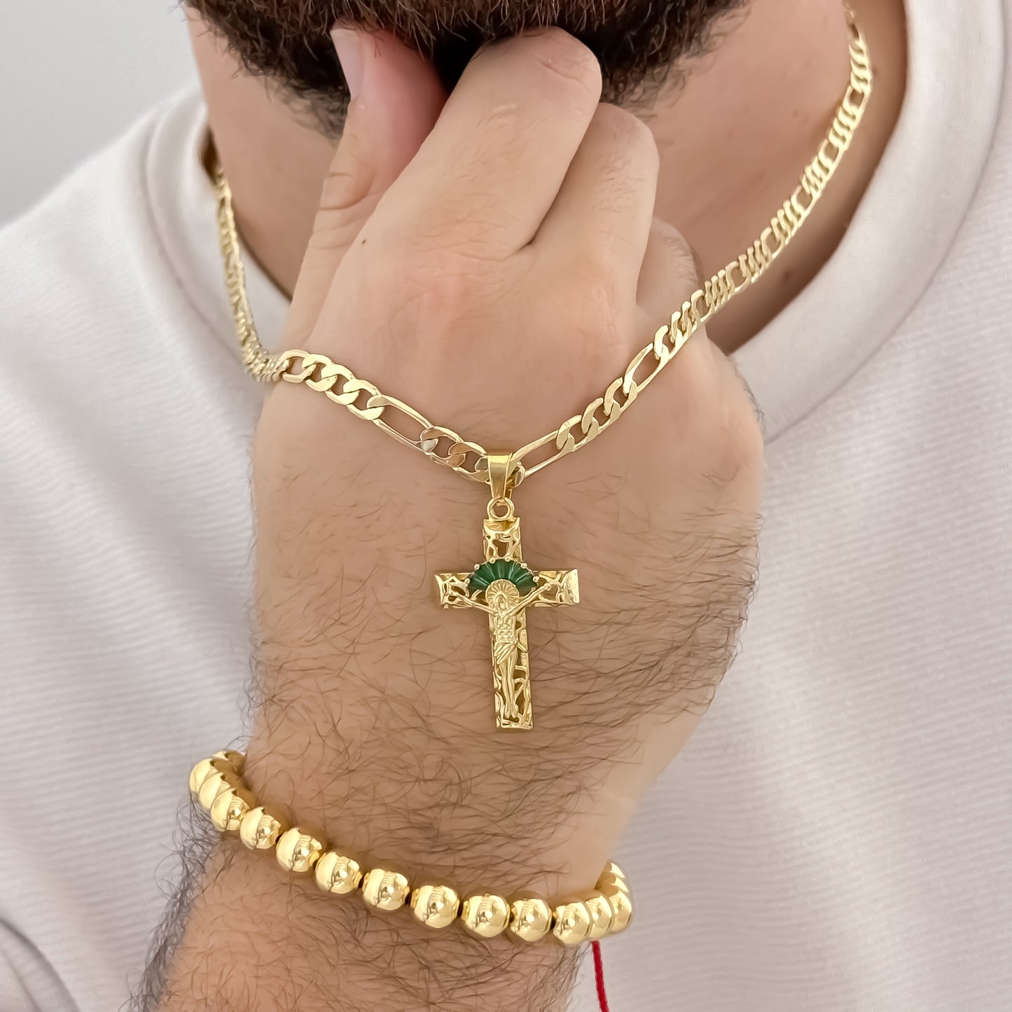 Cadena Tejido Catier de hombre de 60cm de 5mm  + Cruz Verde Esmeralda + Pulsera Full Balines 8mm en Oro Laminado 18k con Garantía de por vida