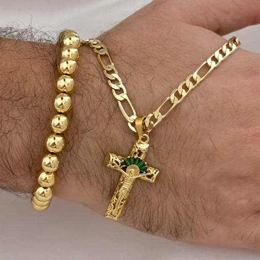 Cadena Tejido Catier de hombre de 60cm de 5mm  + Cruz Verde Esmeralda + Pulsera Full Balines 8mm en Oro Laminado 18k con Garantía de por vida