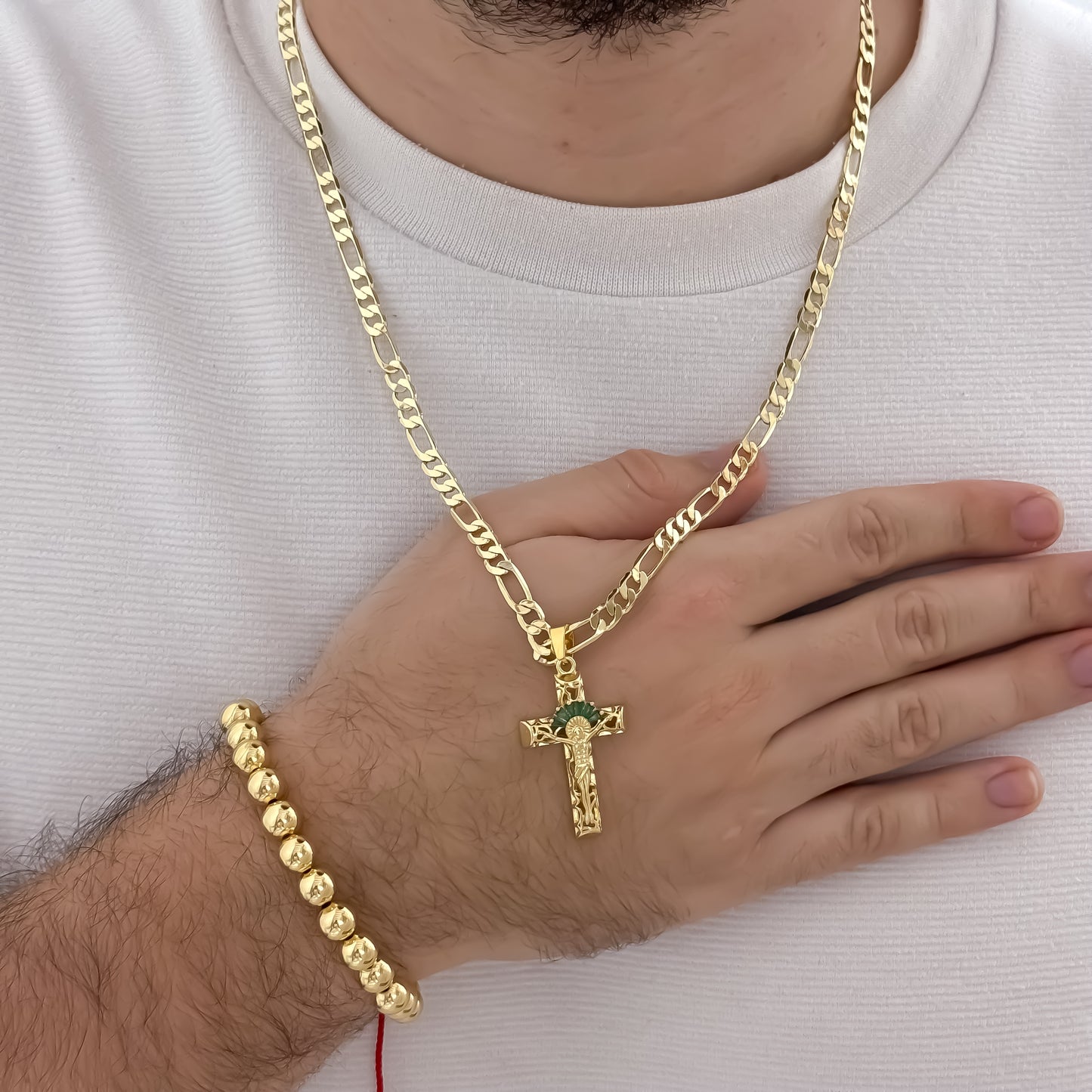 Cadena Tejido Catier de hombre de 60cm de 5mm  + Cruz Verde Esmeralda + Pulsera Full Balines 8mm en Oro Laminado 18k con Garantía de por vida