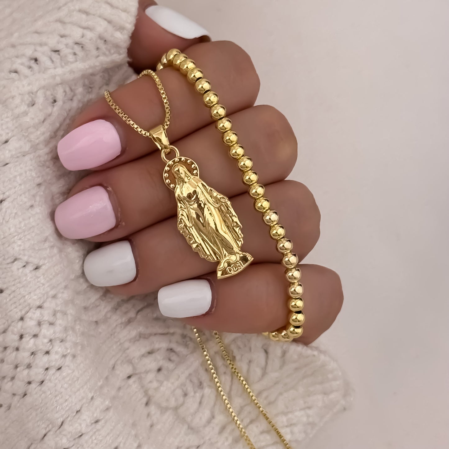 Cadena Tejido Veneciano de Dama de 45cm + Virgen  Milagrosa + Pulseras Balin Liso de 4mm en Oro Laminado 18k con Garantia de por vida
