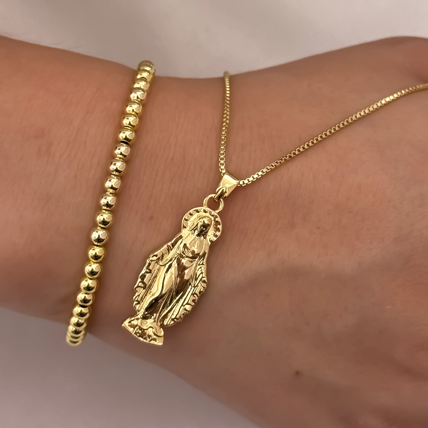Cadena Tejido Veneciano de Dama de 45cm + Virgen  Milagrosa + Pulseras Balin Liso de 4mm en Oro Laminado 18k con Garantia de por vida