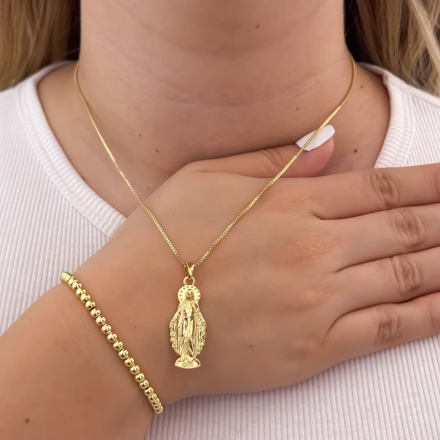 Cadena Tejido Veneciano de Dama de 45cm + Virgen  Milagrosa + Pulseras Balin Liso de 4mm en Oro Laminado 18k con Garantia de por vida