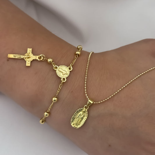 Cadena Tejido Militar de Dama de 45cm + Virgen de Guadalupe Tallada + Denario de San Benito Protección en Oro Laminado 18k con Garantía de por vida