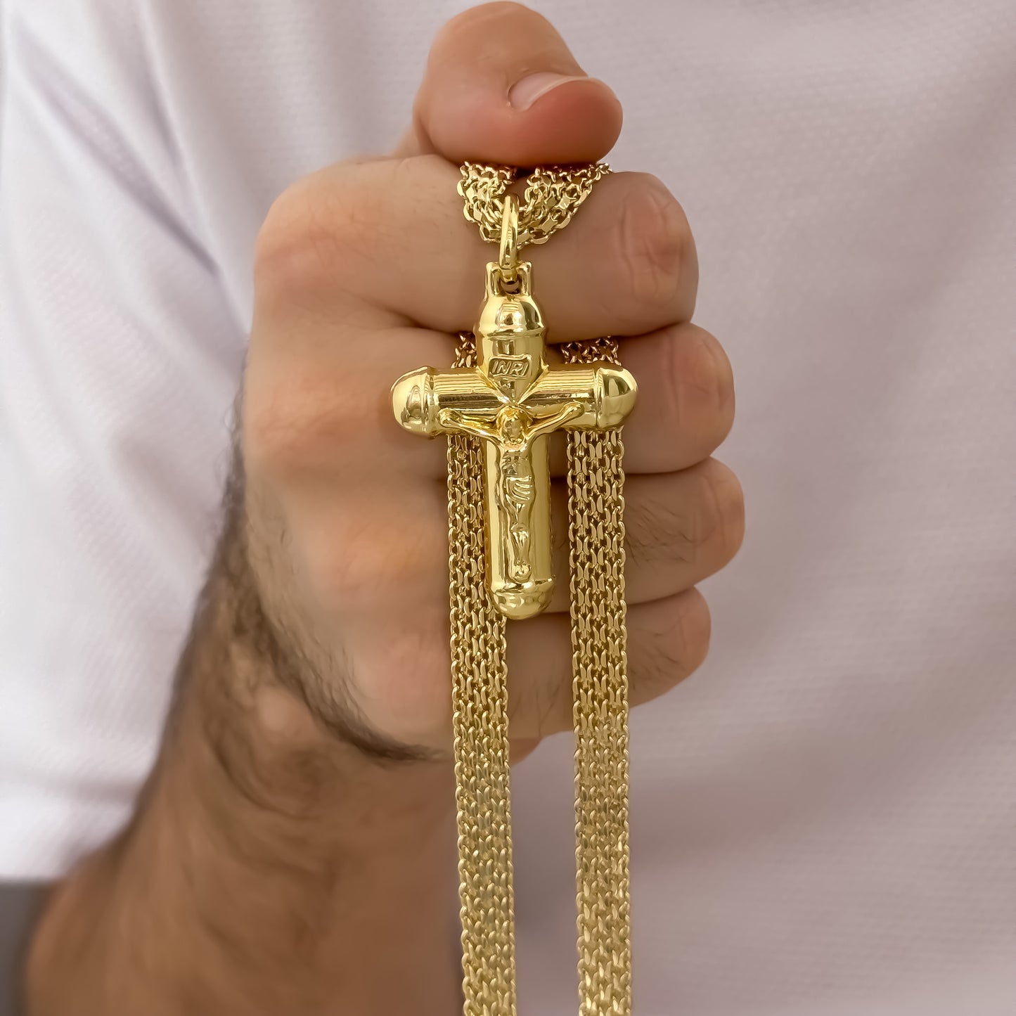 Cadena Tejido Chino Grueso de 60cm de 6mm de Grosor + Cristo Madero Protección en Oro Laminado 18k con Garantía de por vida