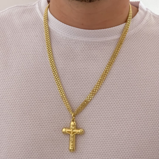 Cadena Tejido Chino Grueso de 60cm de 6mm de Grosor + Cristo Madero Protección en Oro Laminado 18k con Garantía de por vida