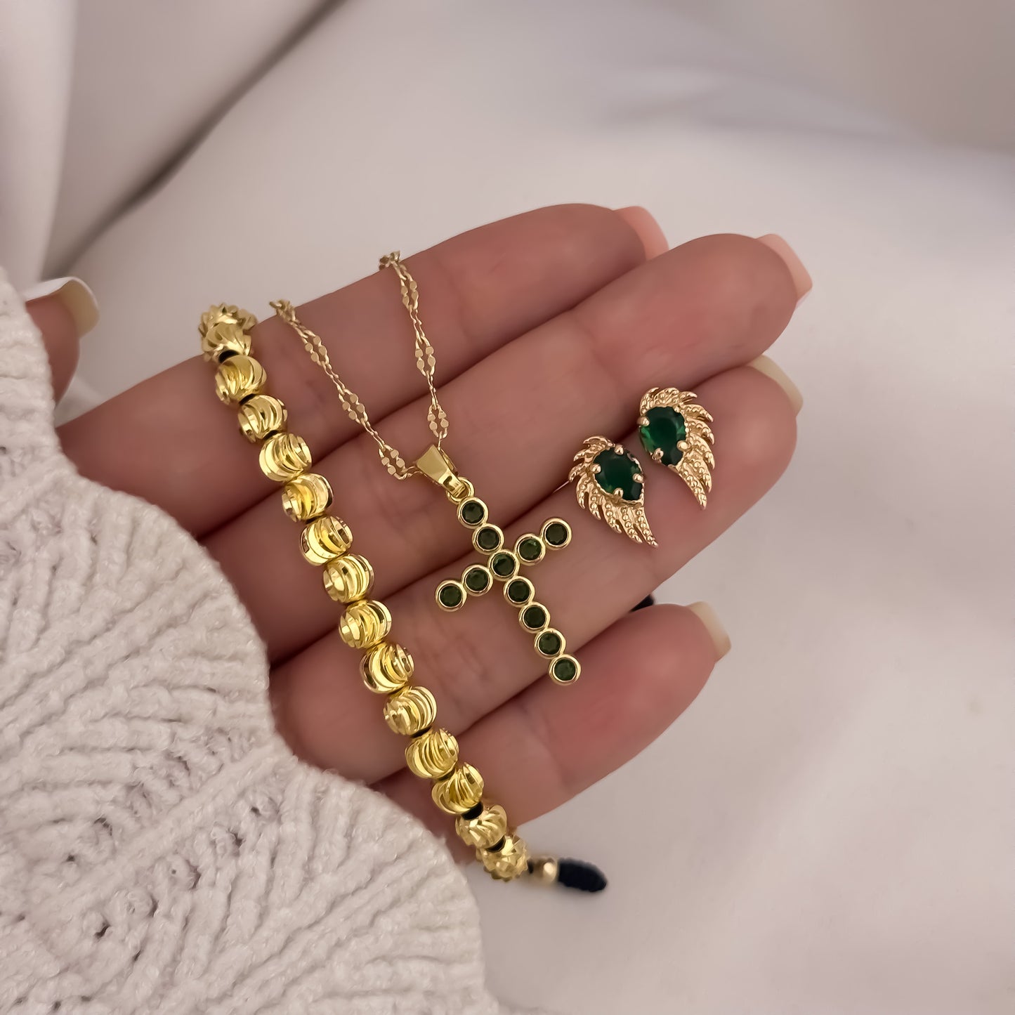 Cadena Tejido Crispeta de 45cm de 2mm + Cruz Verde Esmerada + Topos Ala Verde + Pulsera Full Balin Italiano de 6mm en Oro Laminado 18k con Garantia de por vida