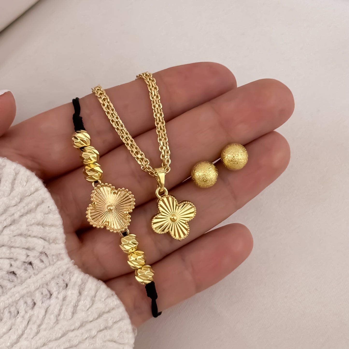 Cadena Tejido Chino de 45cm de 3mm + Dije Van Cleef + Pulsera Van Cleef + Topo Balin Diamantado de 6mm en Oro Laminado 18k con Garantia de por vida